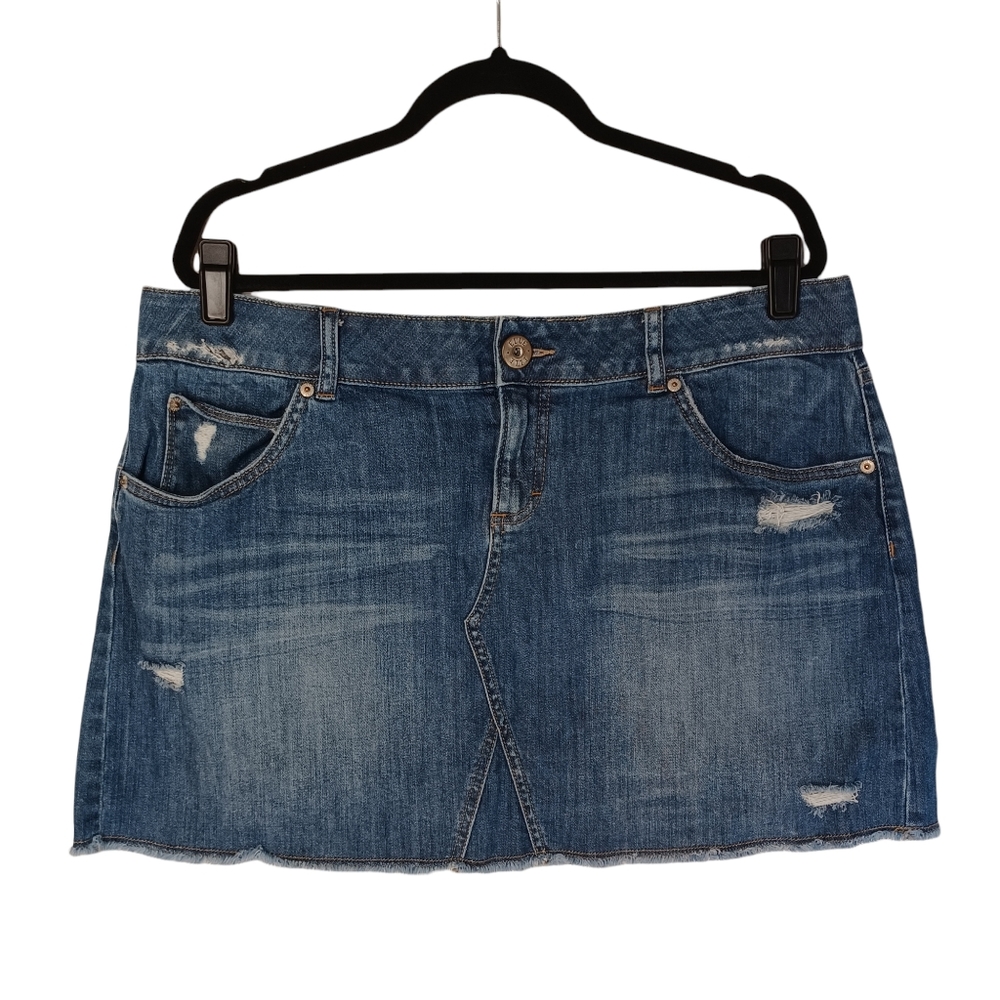 ELLE Distressed Medium Dark Wash Blue Mini Raw Hem Jean Denim Skirt 16